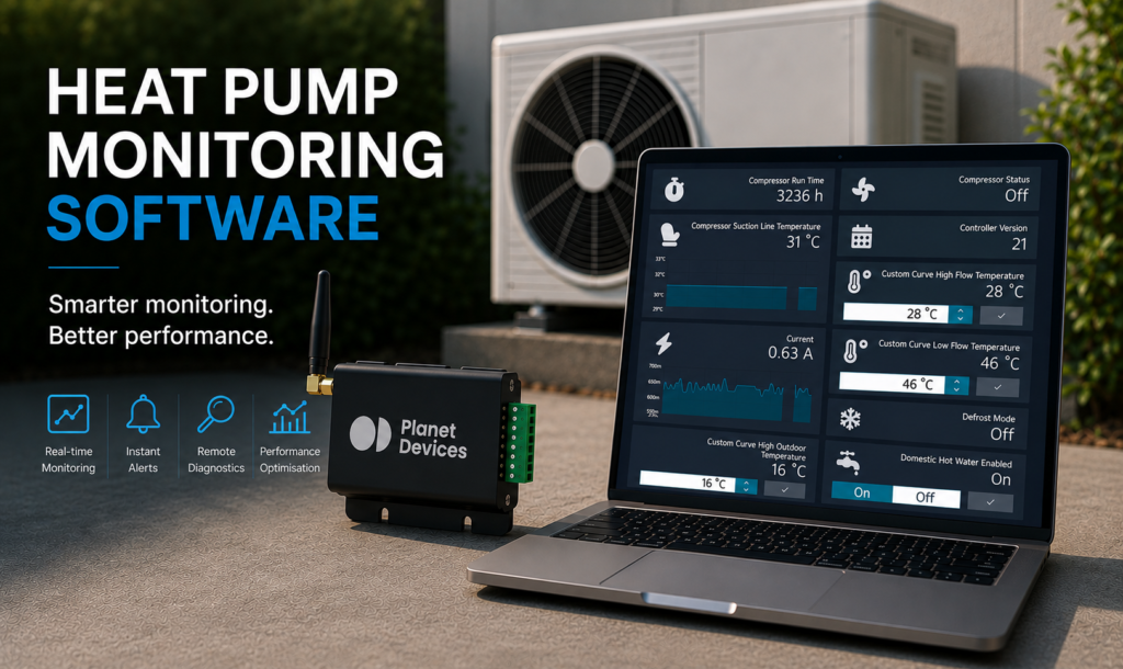 Planet Devices' Atmo positioned next to a heat pump and the remote monitoring software.