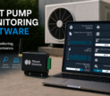Planet Devices' Atmo positioned next to a heat pump and the remote monitoring software.