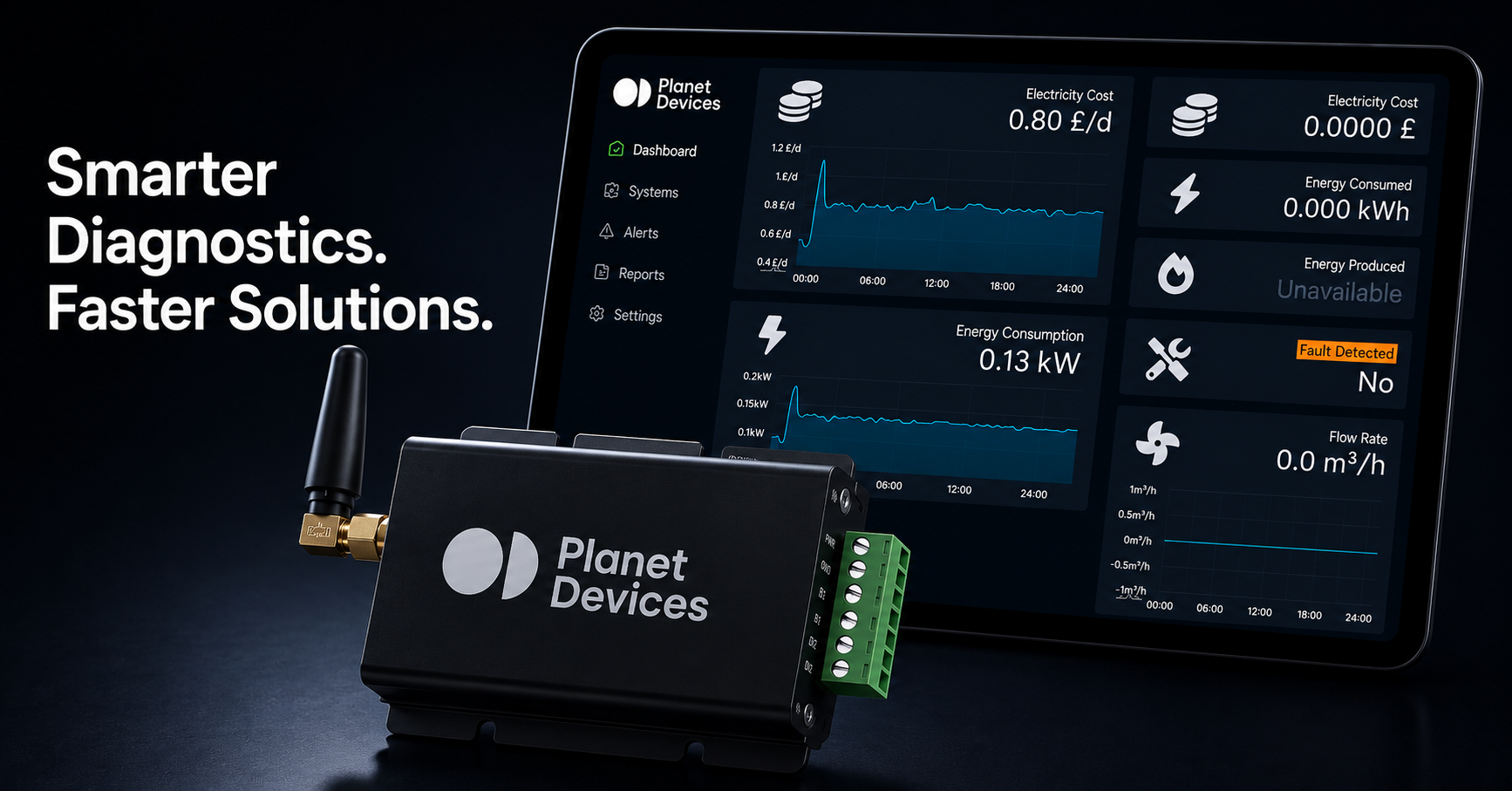 An image showing the Planet Devices' Atmo device linked to a tablet showing remote data monitoring.